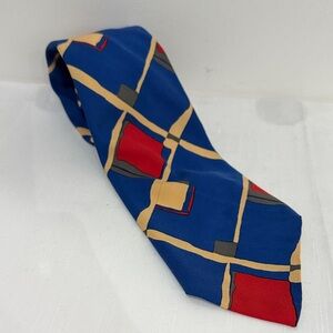 Studio Blue Tie with Red and Gold Geometric Design